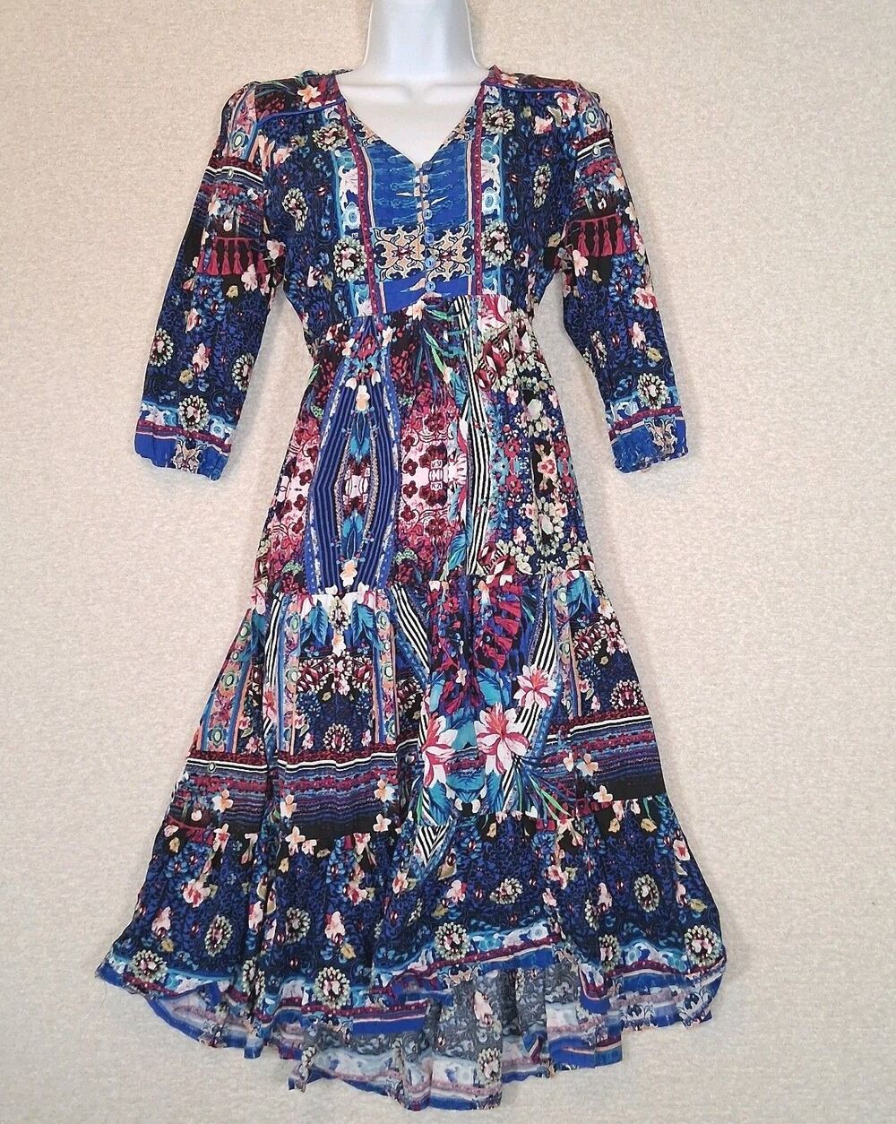 Jaase Tiered Midi Dress Sz M Boho Hippie Festival Colorful Maximalist Gypsy Flow